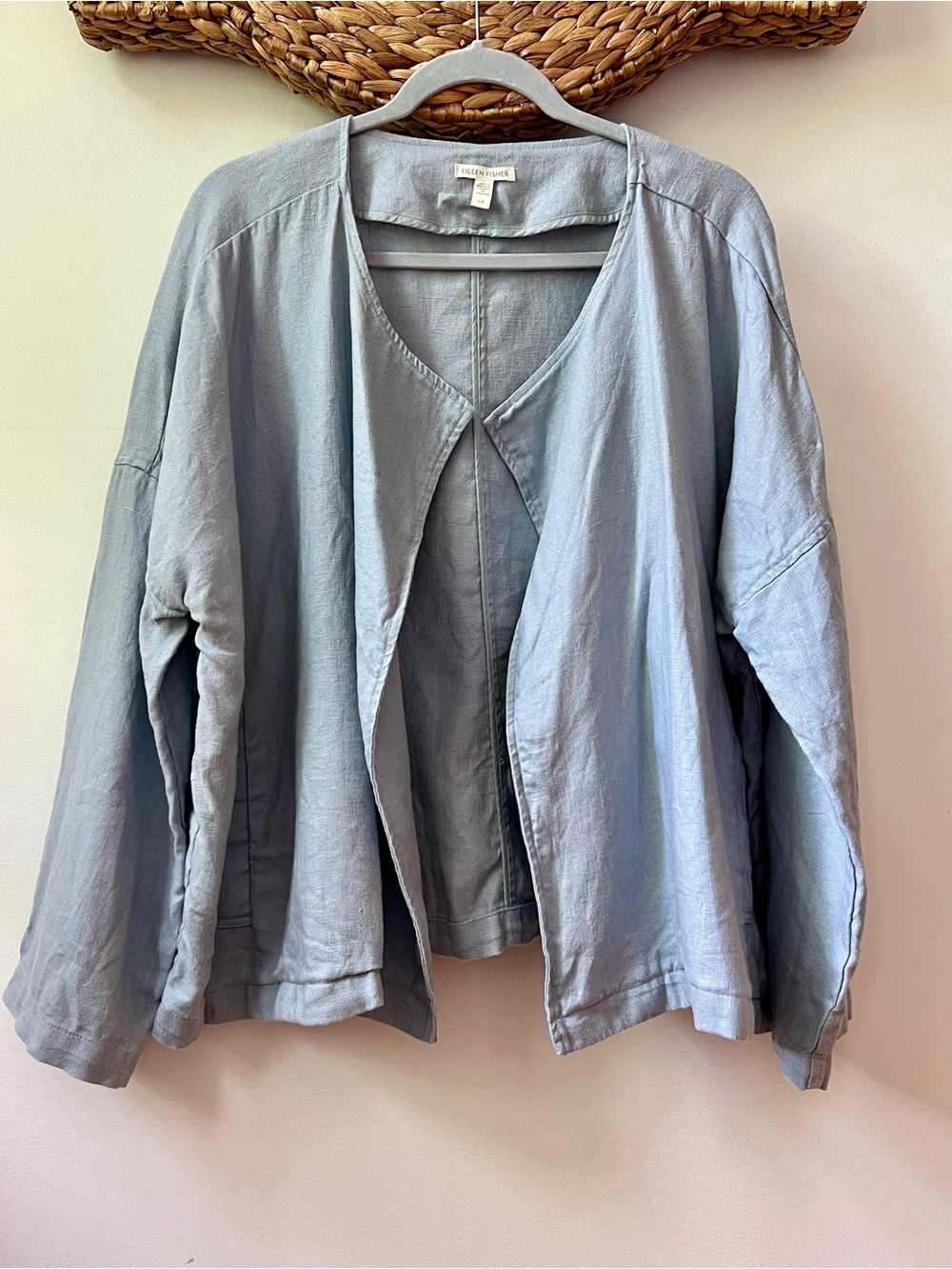 Eileen Fisher Organic Linen Open Front Jacket L Blue Oversized